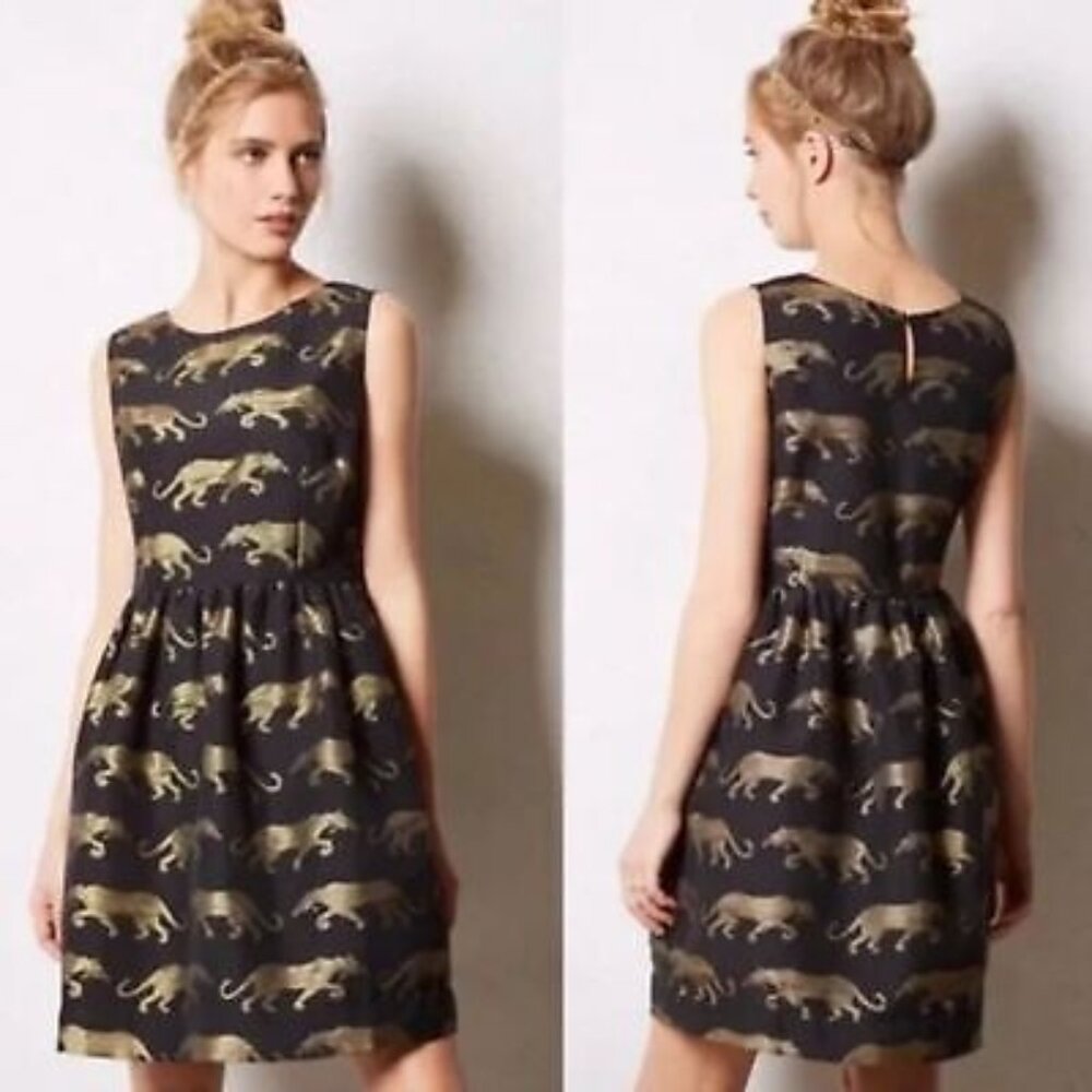 Anthropologie Eyedoll Black Gold Panther Fit & Flare Dress